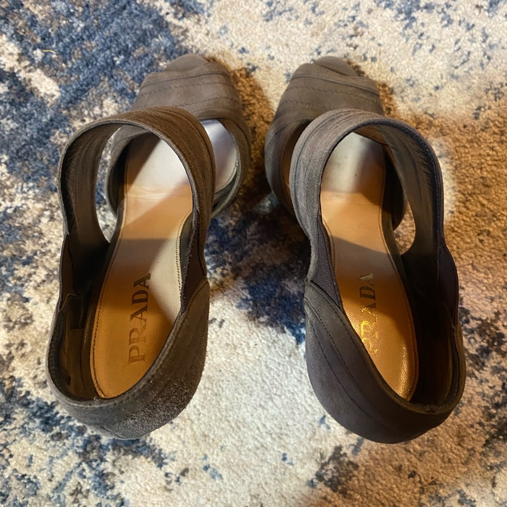 Prada Suede Leather Brown High Heel Peep-Toe Shoes - Picture 8 of 13